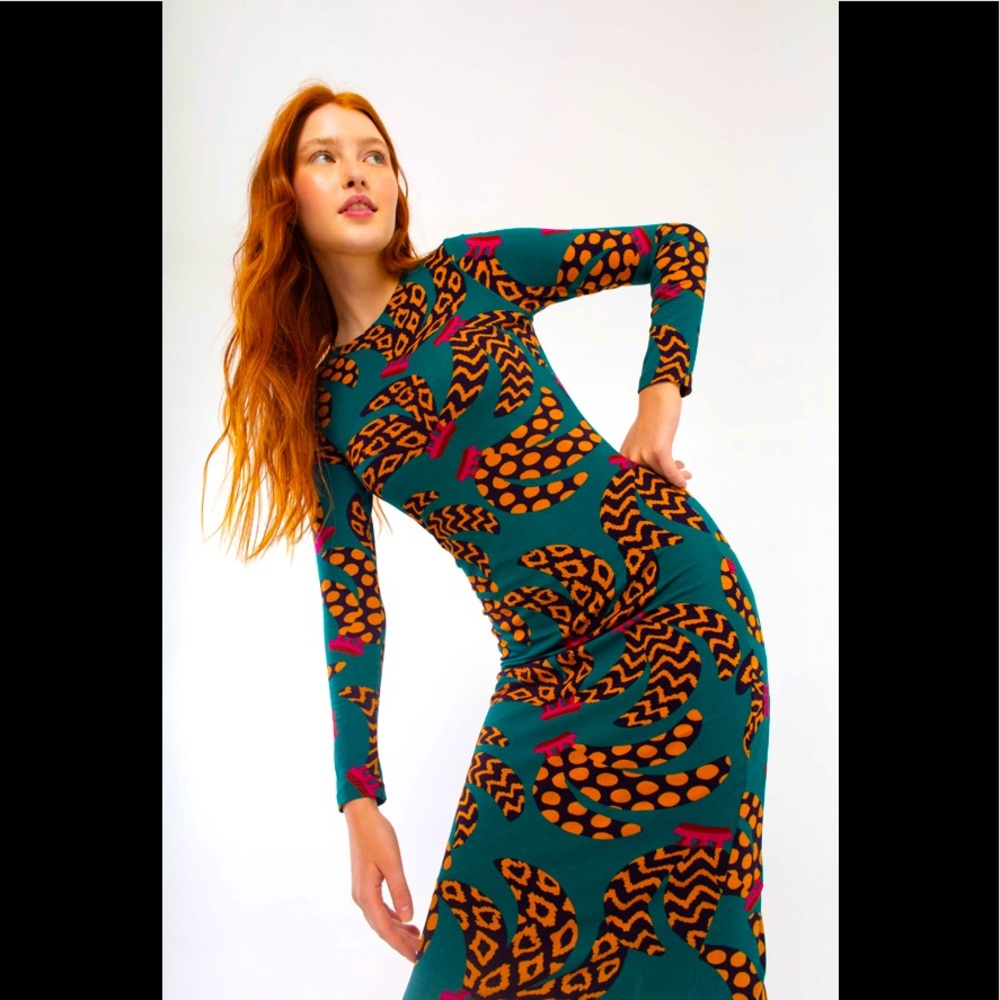 Farm Rio Teal Bananas Midi Dress S